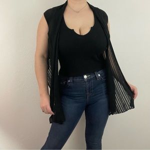 MI & RENA Vintage Black Semi Sheer Stripe Short Sleeve Drape Crop Cardigan Top